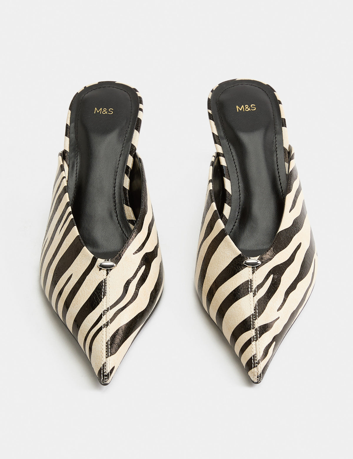 Women's Kitten Heel Mules in Cream Mix view 2 | zebra kitten heels | SAVINTARI