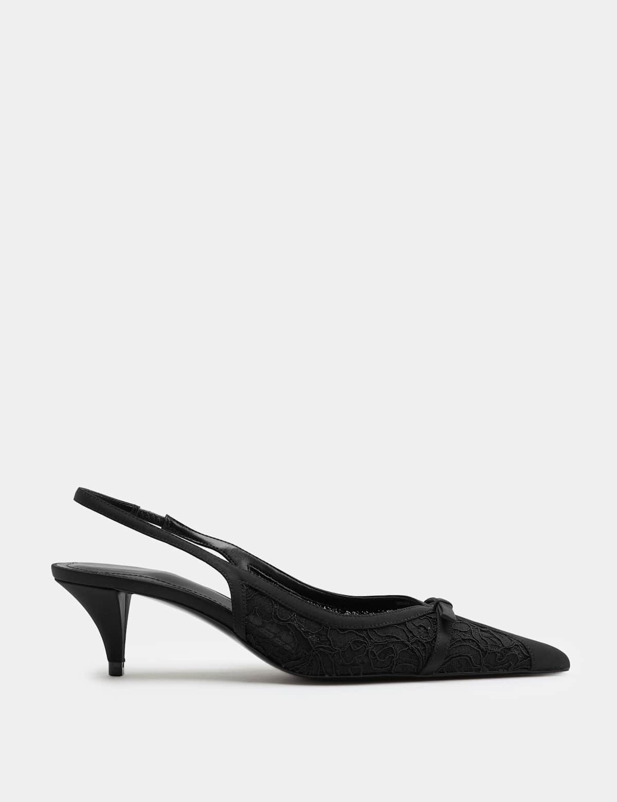 Women's Lace Bow Kitten Heel Pointed Toe Slingback - Black | slingback heels | SAVINTARI