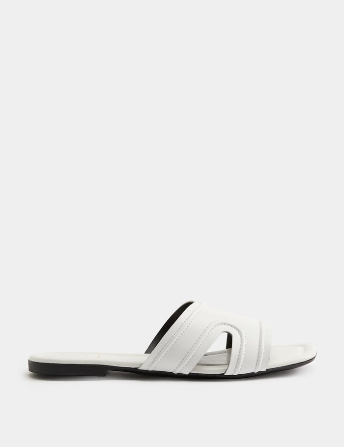 Women's Leather Flat Mules - White | Easy Slip-On Shoes | SAVINTARI