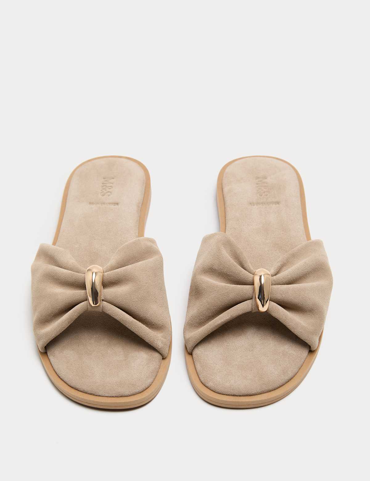 Women's Suede Gold Trim Flat Mules - Taupe | SAVINTARI