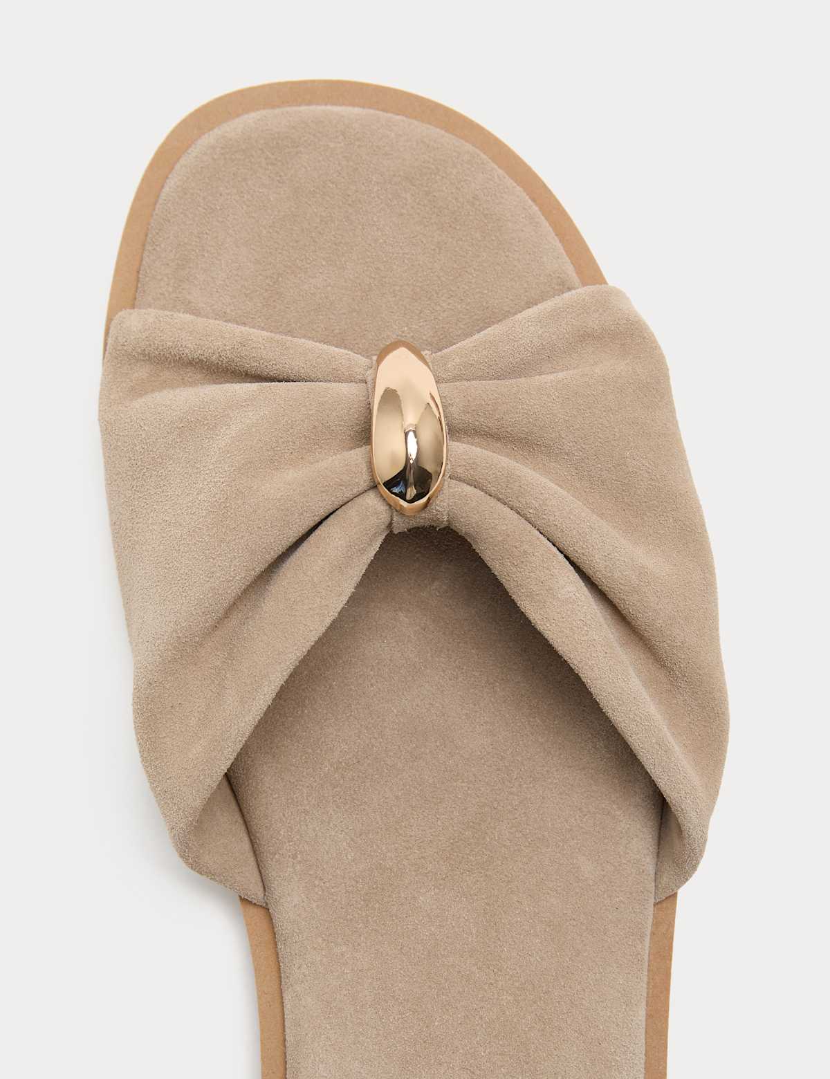 Women's Suede Gold Trim Flat Mules - Taupe | SAVINTARI