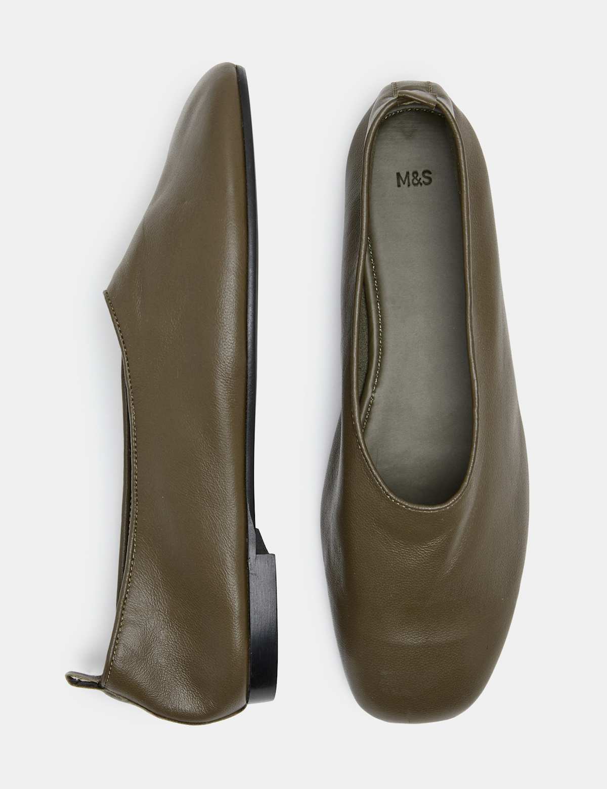Women's Leather High Vamp Flat Ballet Pumps - Olive | SAVINTARI