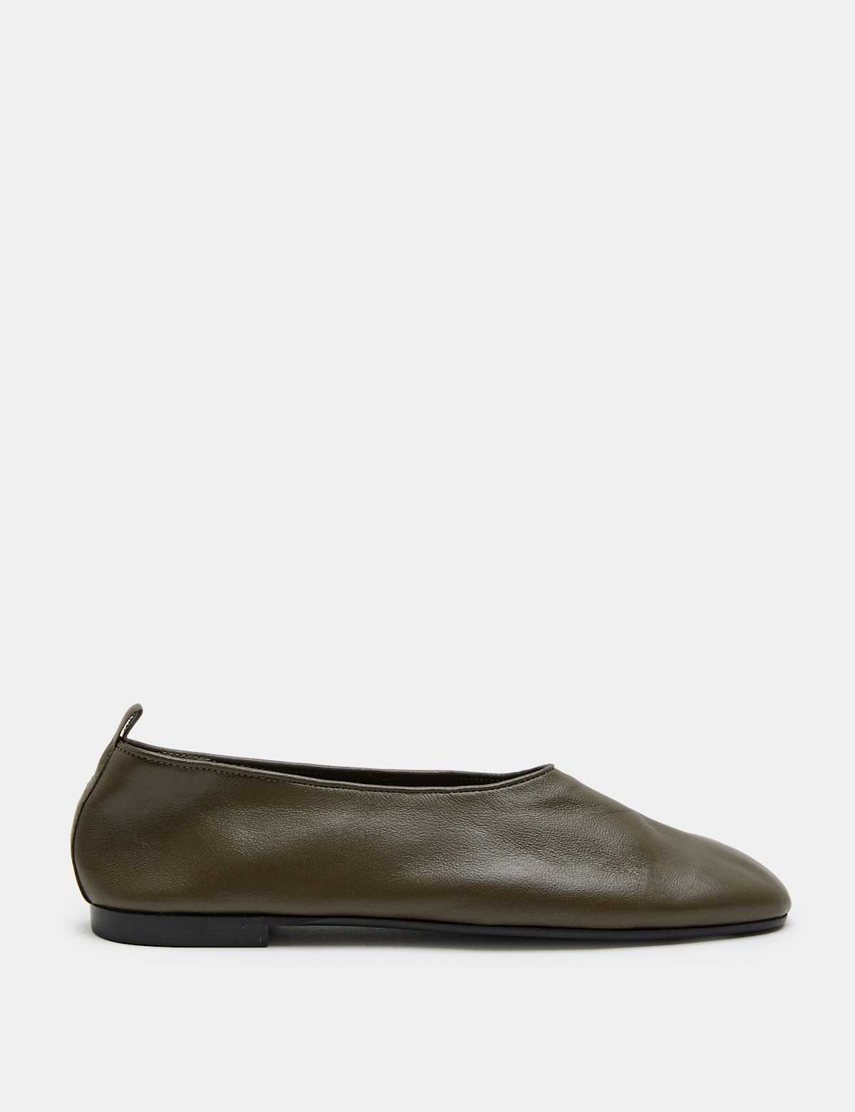Women's Leather High Vamp Flat Ballet Pumps - Olive | SAVINTARI