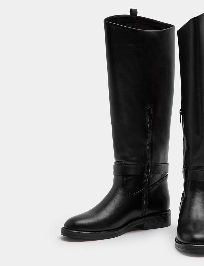 Buckle Riding Round Toe Knee High Boot · Black