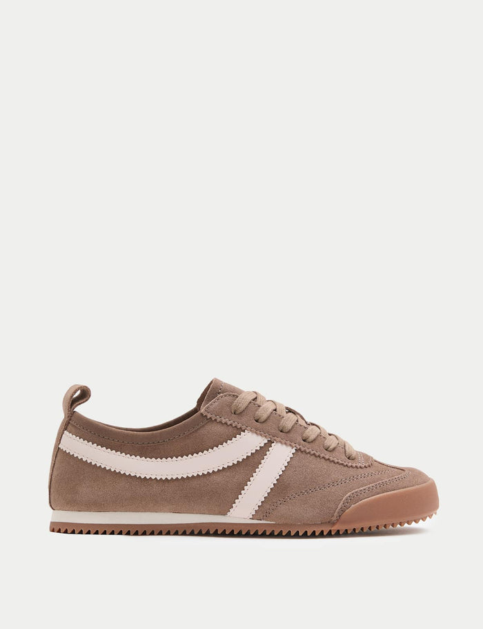 Women's Suede Lace Up Side Detail Runner Trainers - Taupe | Everyday Trainers | SAVINTARI