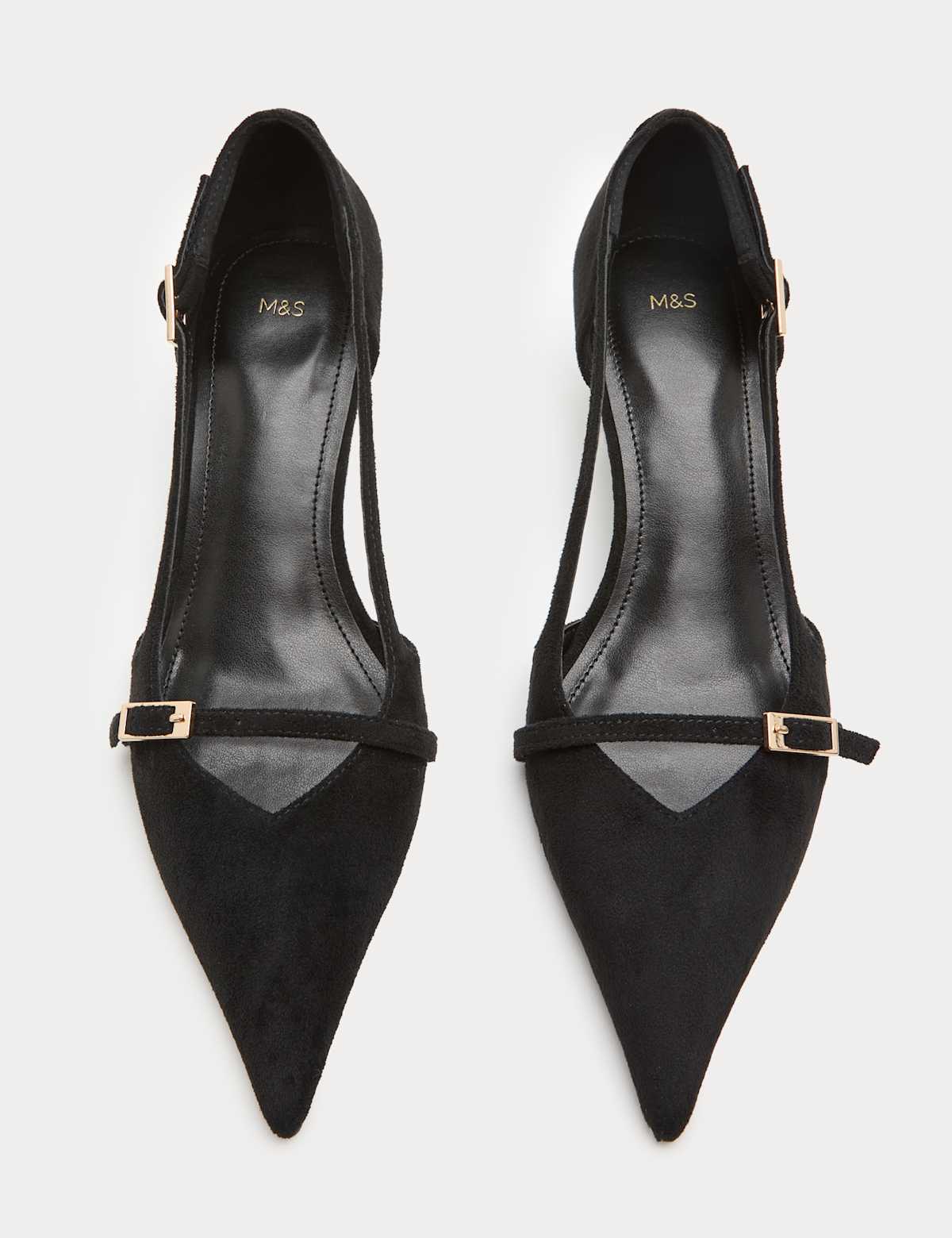 Women's Buckle Detail Kitten Heel Pointed Court Shoes - Black | SAVINTARI
