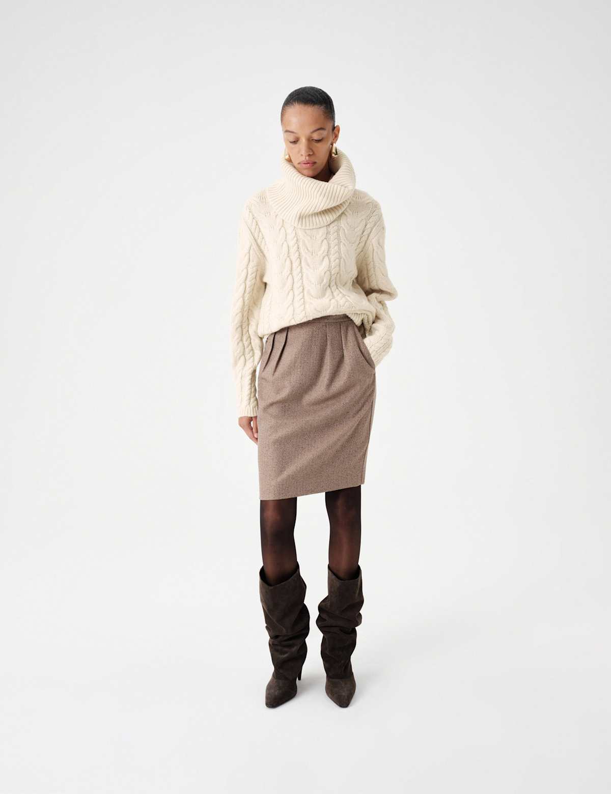Women's Wool Blend Cable Knit Jumper with Detachable Roll Neck - Cream | womens jumper | SAVINTARI