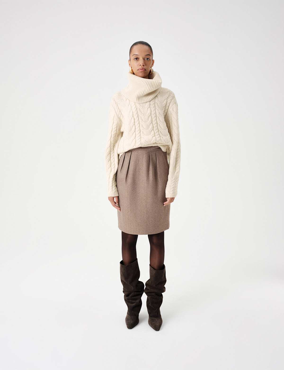 Women's Wool Blend Cable Knit Jumper with Detachable Roll Neck - Cream | womens jumper | SAVINTARI