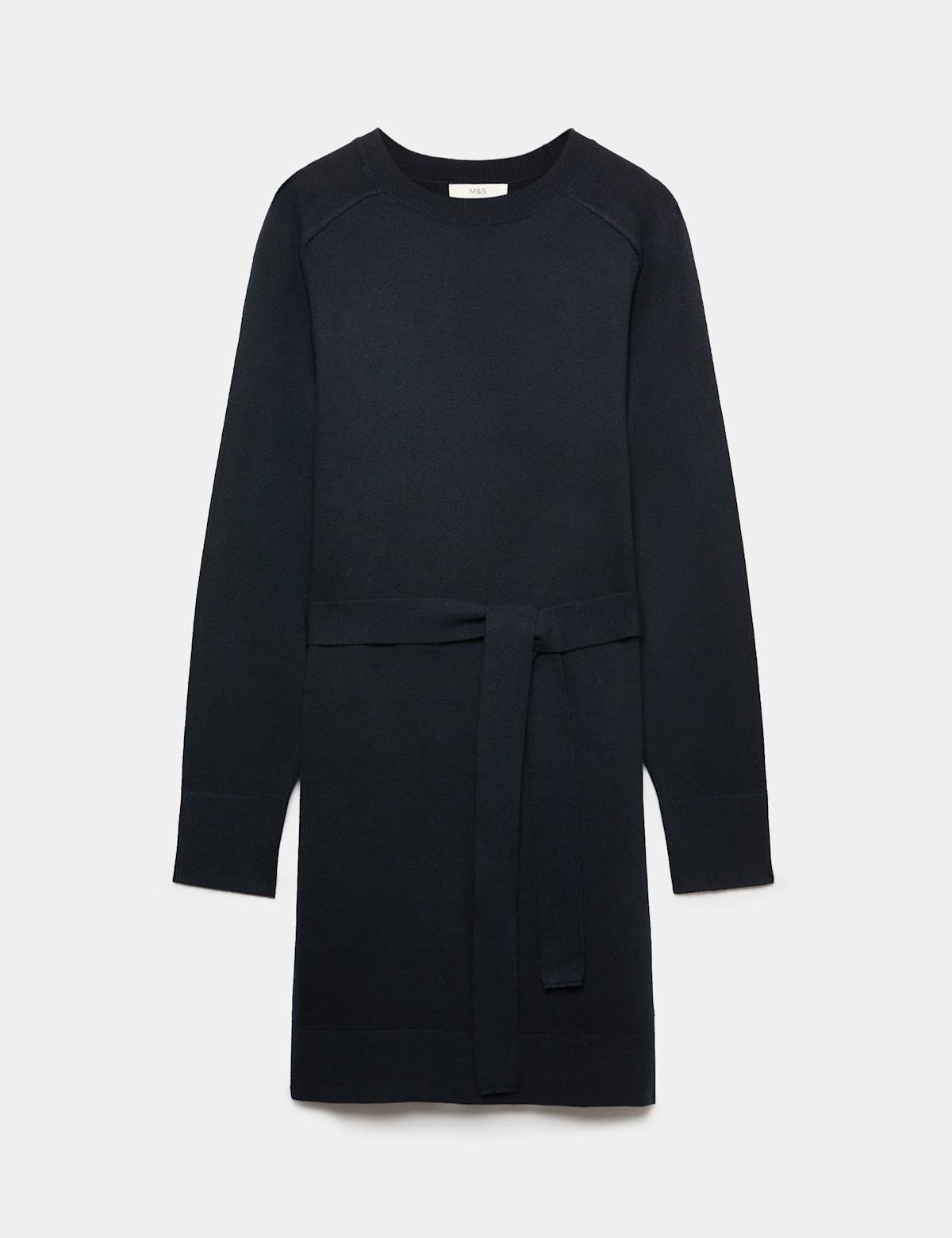 Women's Air-Yarn Crew Neck Waisted Mini Knitted Dress - Navy | jumper dress | SAVINTARI