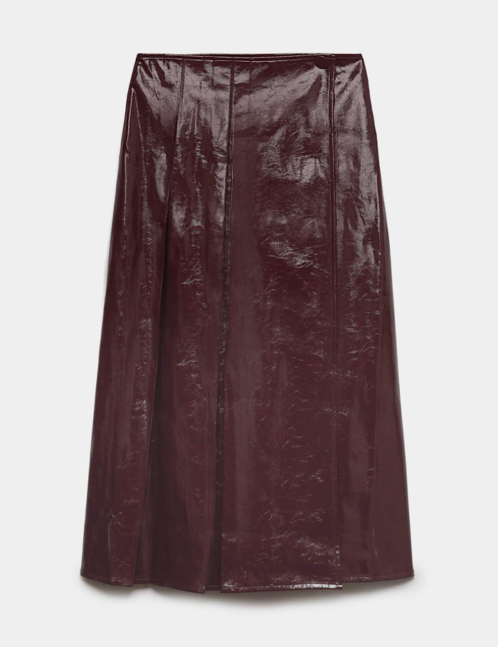 Faux Leather Textured Midi A-Line Skirt · Black