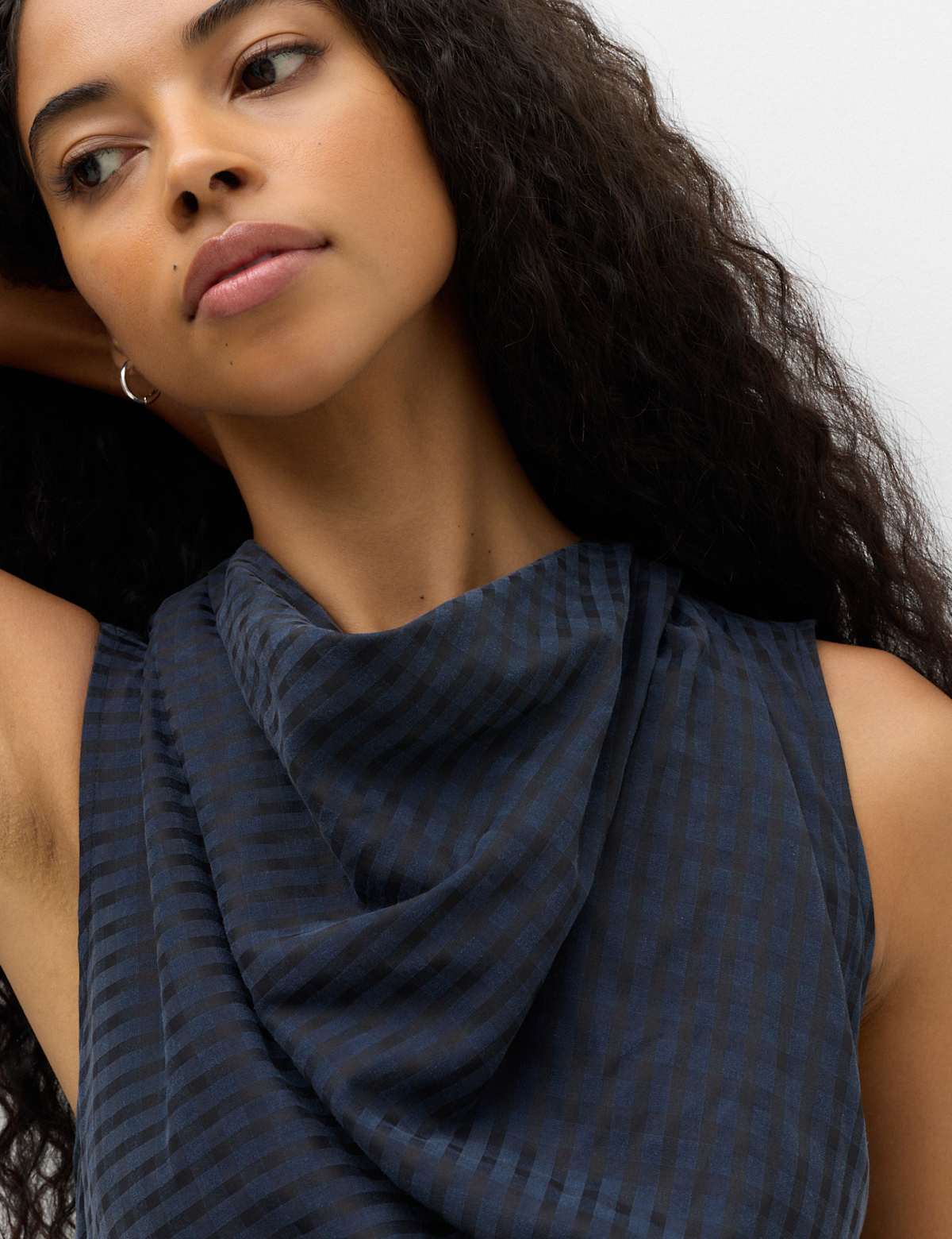 Women's Lyocell Rich Checked Cowl Neck Midi Dress - Navy | midi dress | SAVINTARI