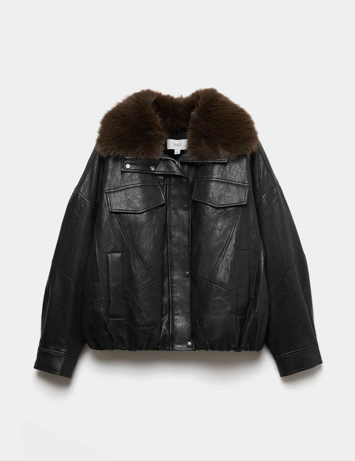 Faux Leather Faux Fur Relaxed Jacket · Black