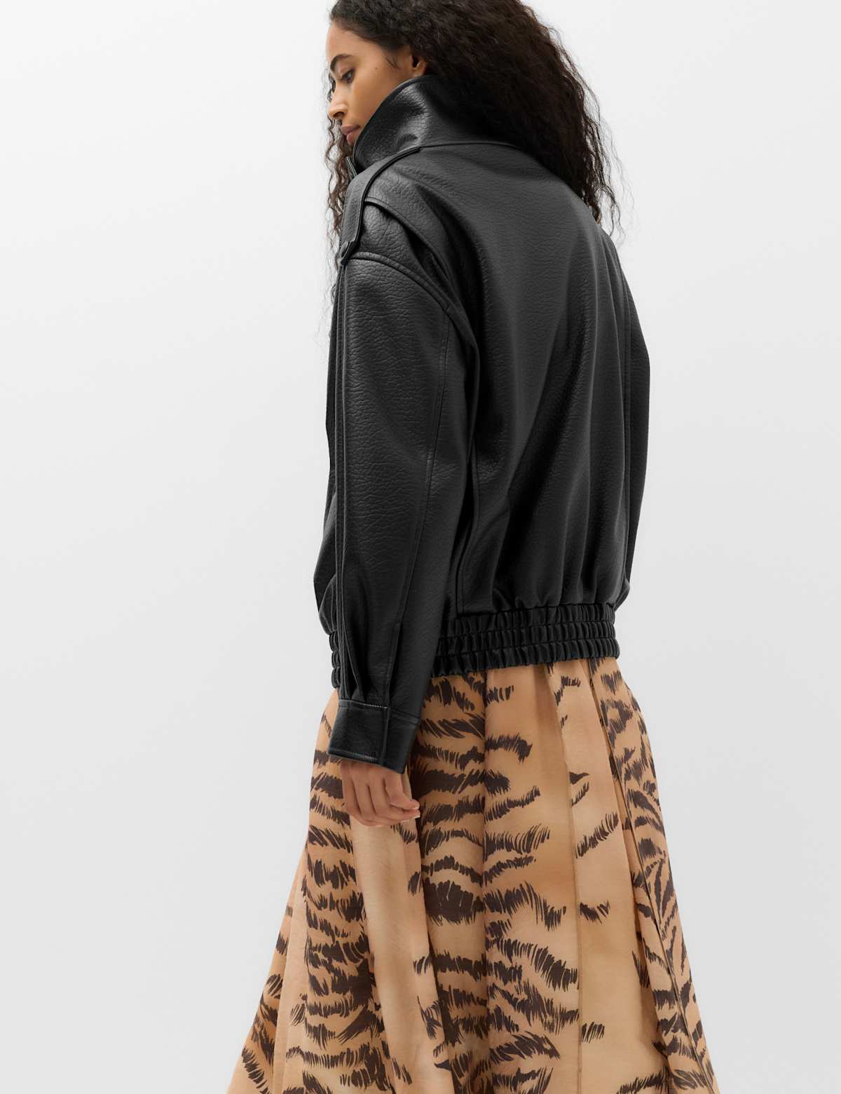 Women's Faux Leather Funnel Neck Bomber Jacket - Black | leather jacket | SAVINTARI