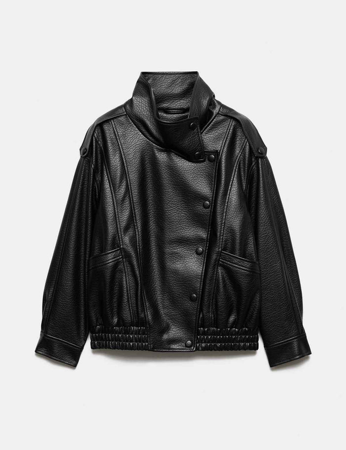 Faux Leather Funnel Neck Bomber Jacket · Black