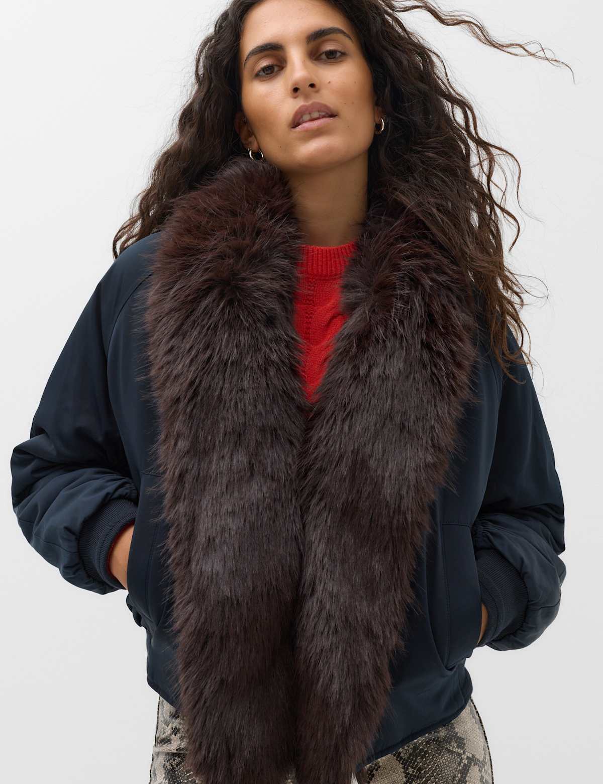 Women's Faux Fur Scarf Flight Bomber Jacket - Navy | bomber jacket | SAVINTARI