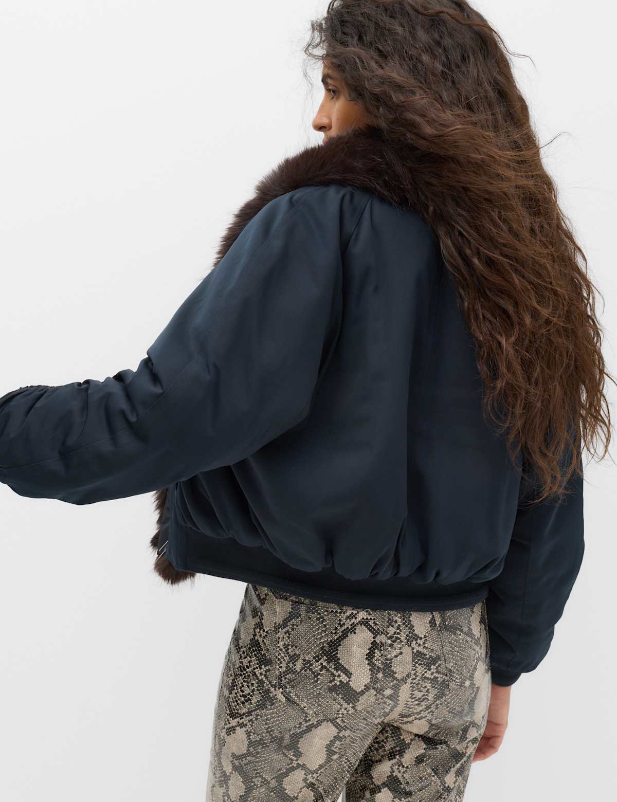 Women's Faux Fur Scarf Flight Bomber Jacket - Navy | bomber jacket | SAVINTARI