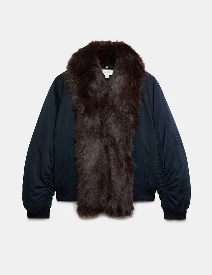 Faux Fur Scarf Flight Bomber Jacket · Navy