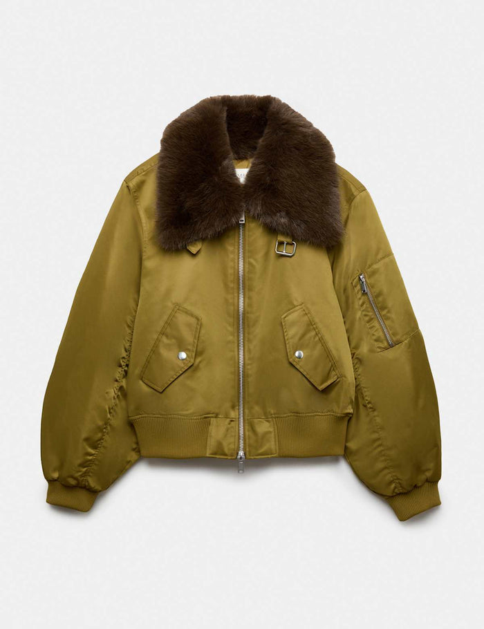 Faux Fur Trim Flight Bomber Jacket · Green