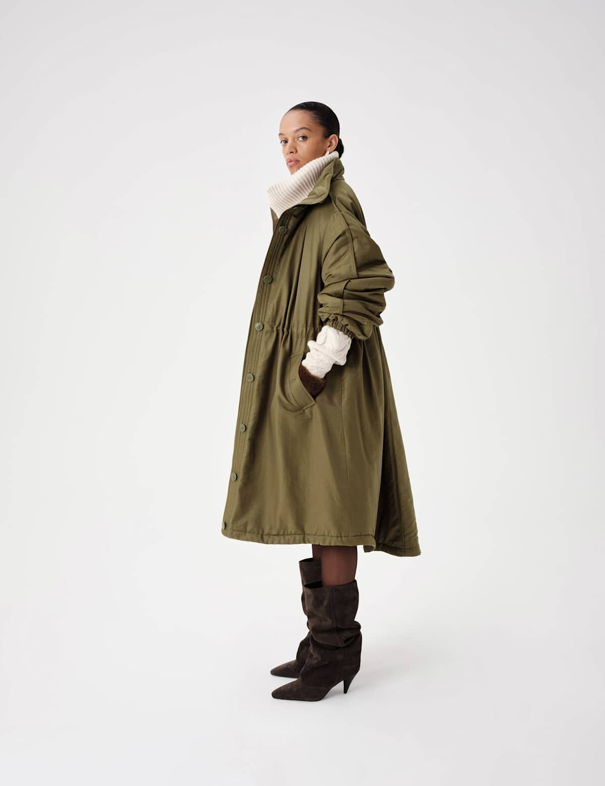 Women's Satin Relaxed Funnel Neck Longline Parka Coat - Green | hoodie | SAVINTARI