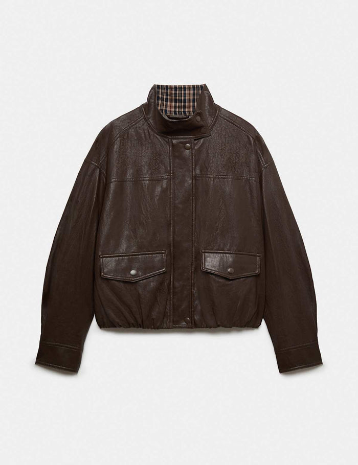 Faux Leather Checked Funnel Neck Bomber Jacket · Black