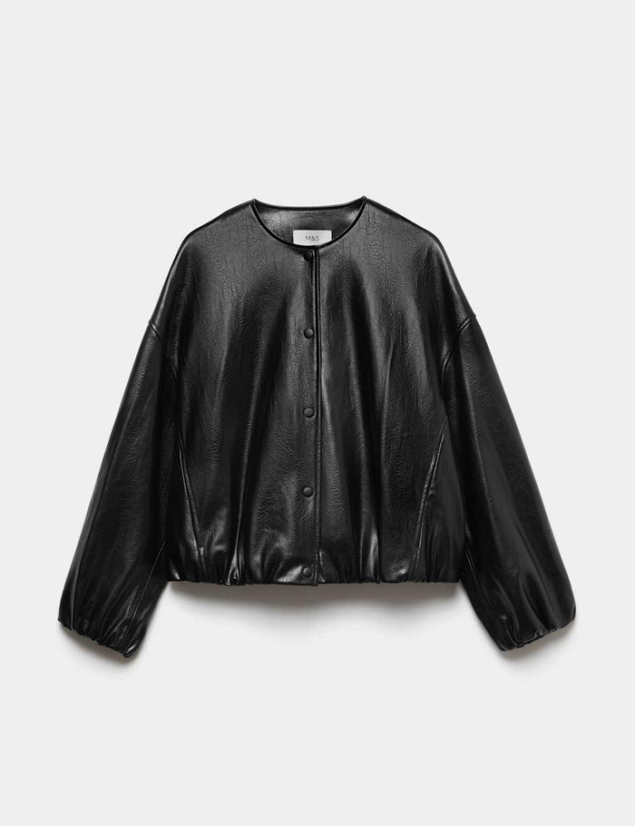 Faux Leather Bubble Hem Bomber Jacket · Black