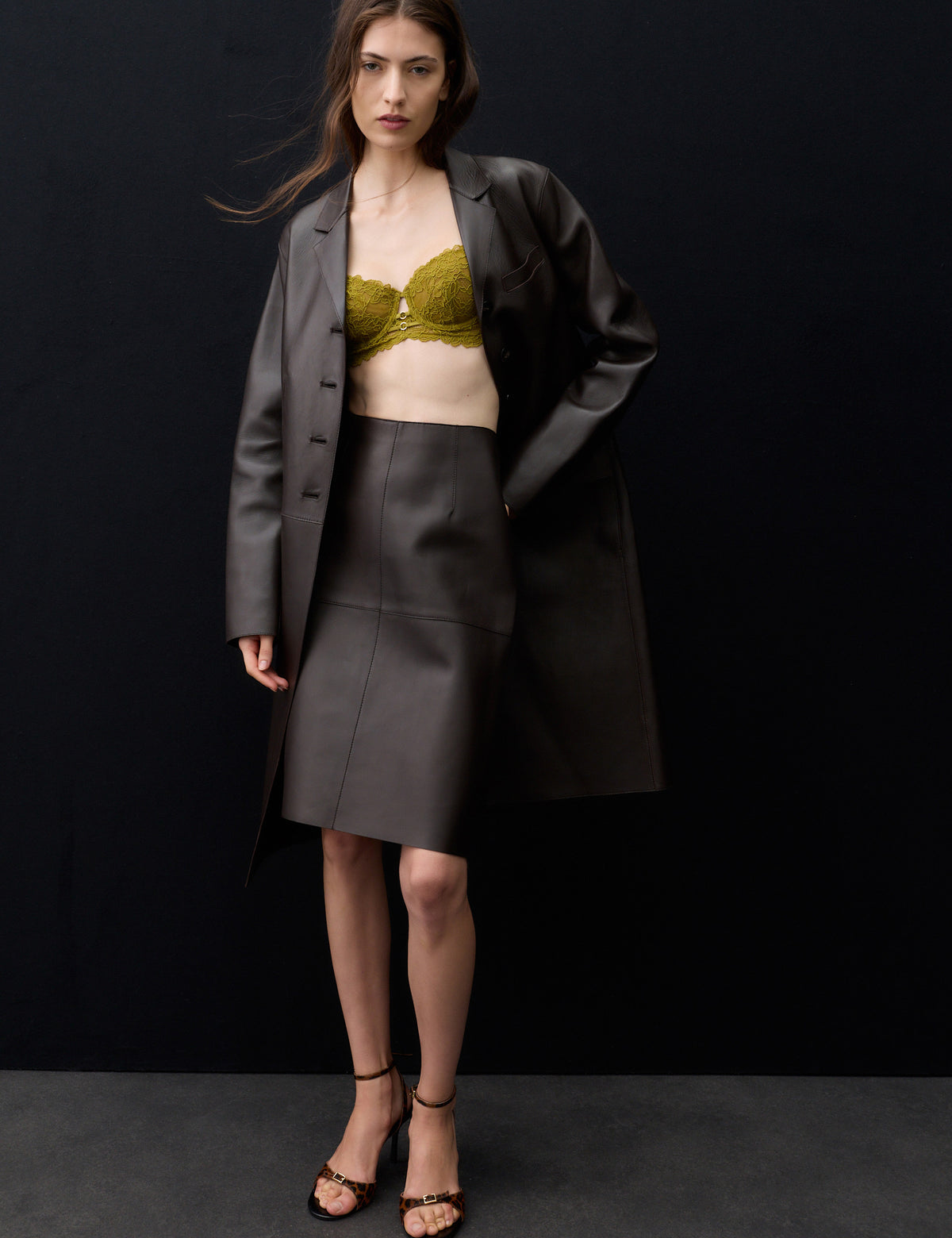 Women's Leather Skirt in Chocolate view 2 | leather skirt | SAVINTARI