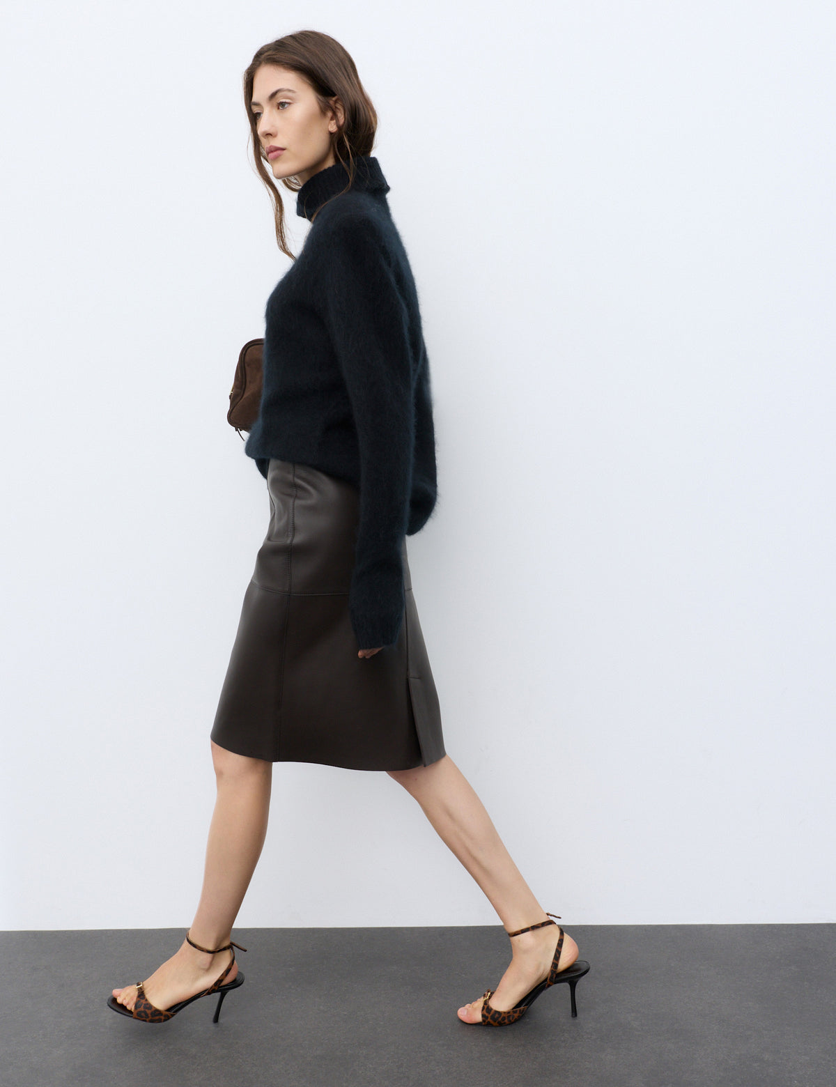 Women's Leather Skirt in Chocolate view 5 | leather skirt | SAVINTARI