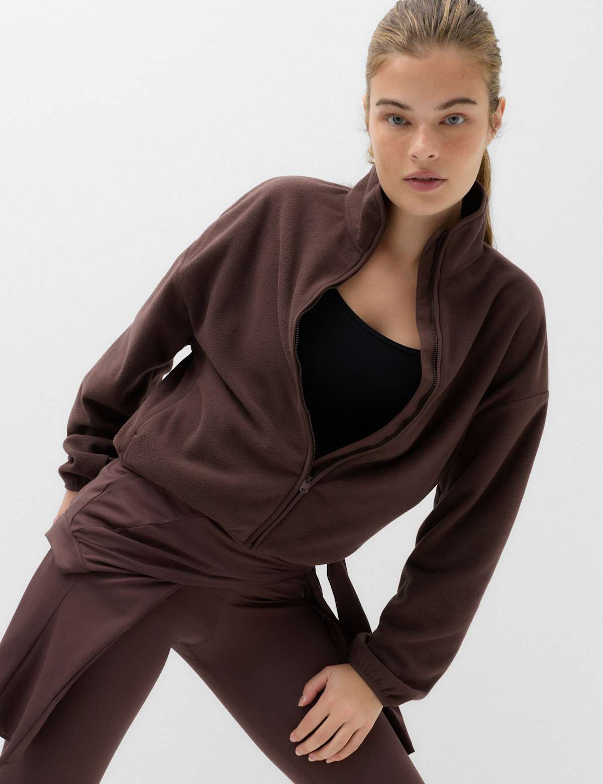 Women's Zip Up Funnel Neck Relaxed Fleece Jacket - Ecru | fleece jacket | SAVINTARI