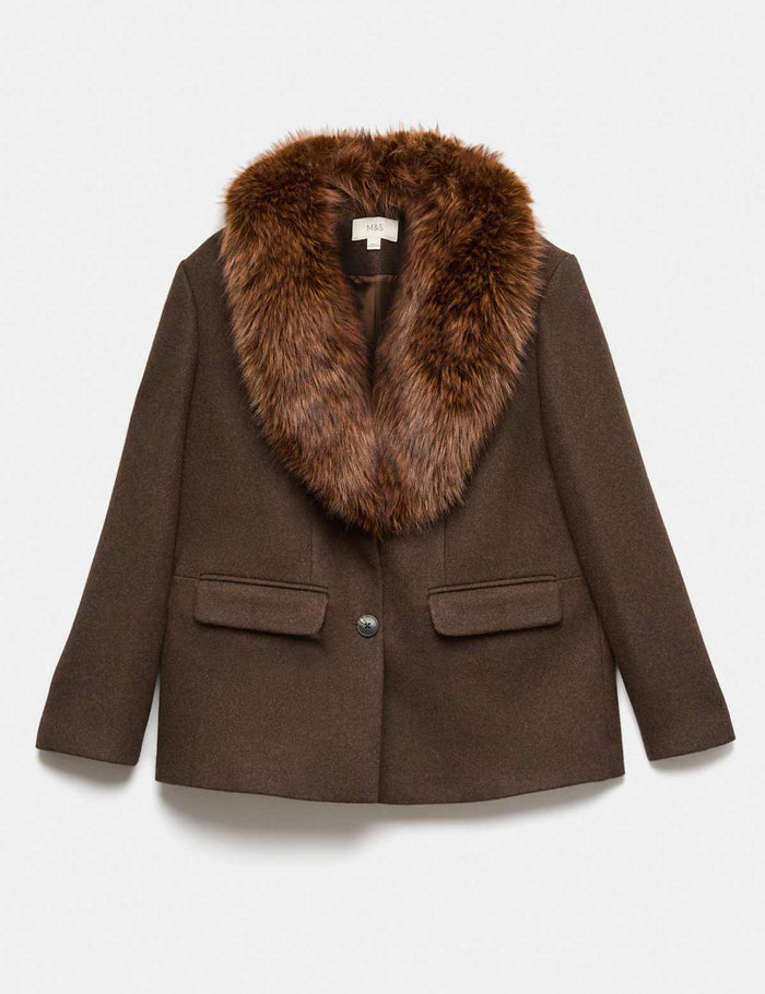 Faux Fur Trim Textured Blazer · Camel