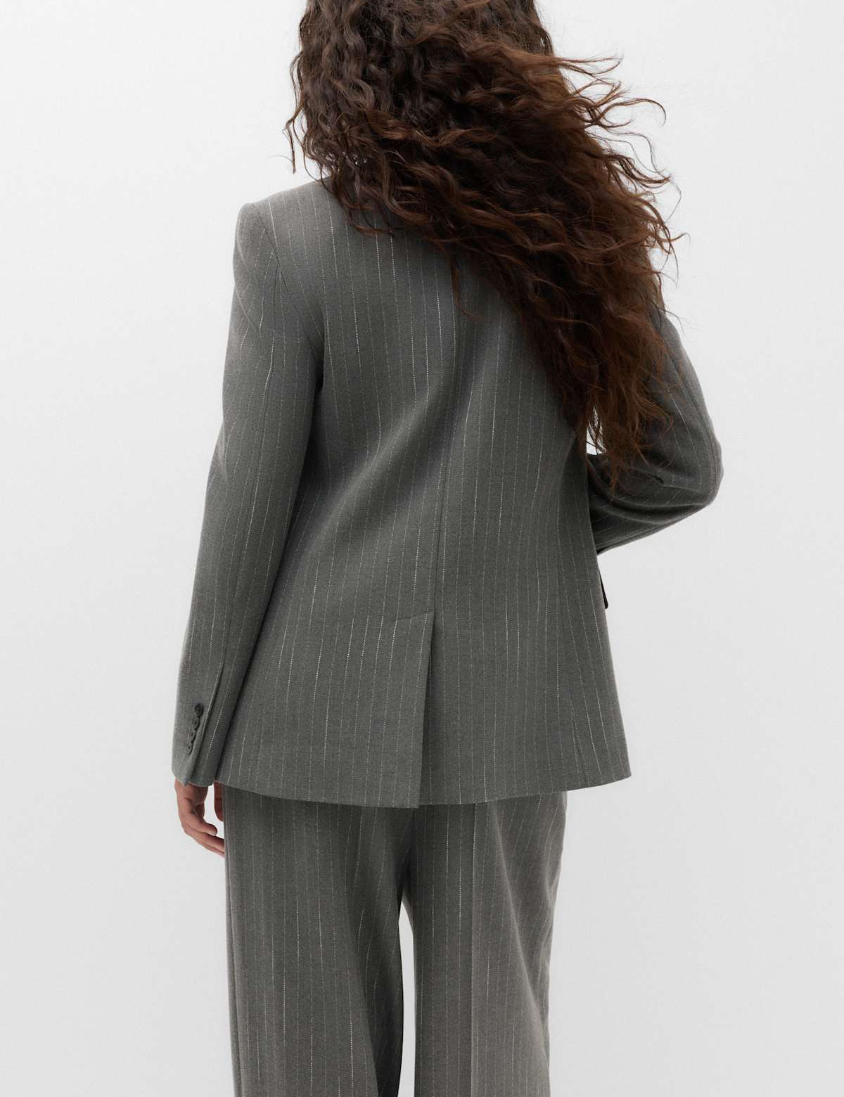 Women's Pinstripe Double Breasted Blazer with Wool - Grey | womens blazer | SAVINTARI