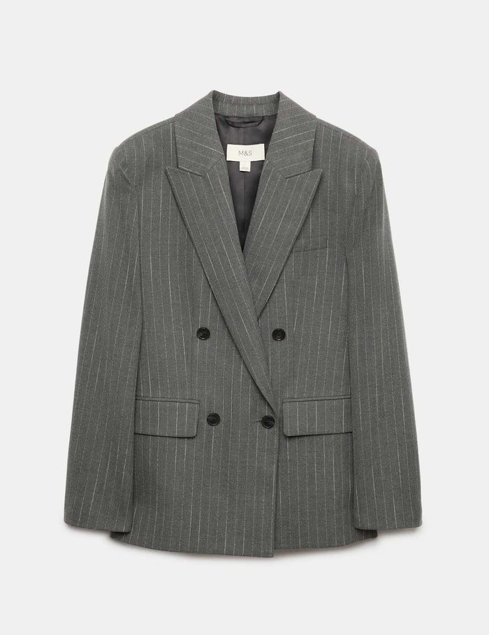 Pinstripe Double Breasted Blazer with Wool · Grey