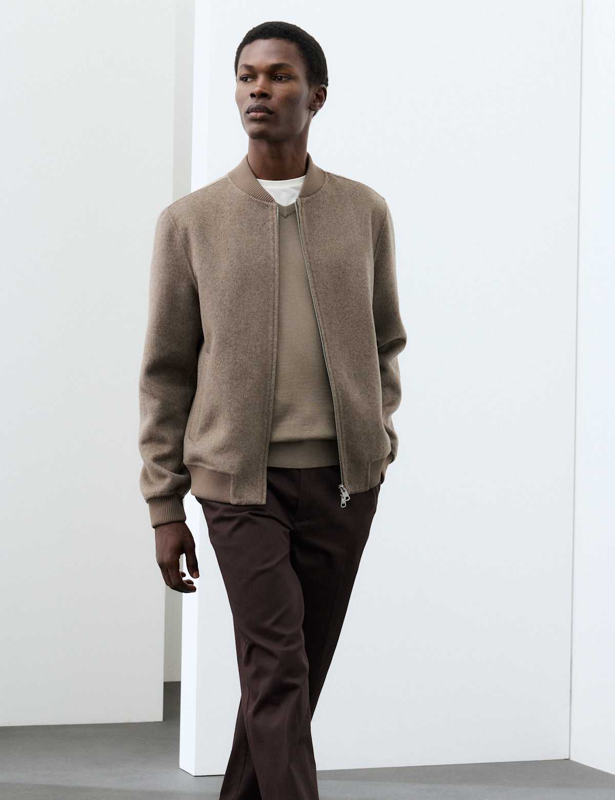 Women's Double-Faced Wool Blend Bomber Jacket - Truffle | bomber jacket | SAVINTARI