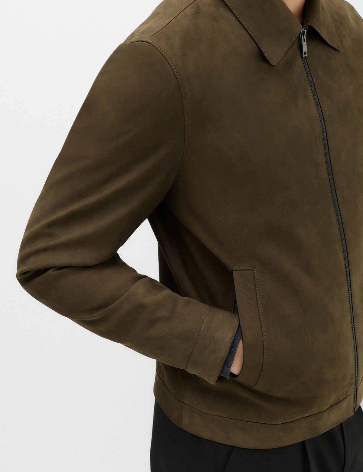 Men's Leather Jacket in Khaki view 4 | leather jacket | SAVINTARI