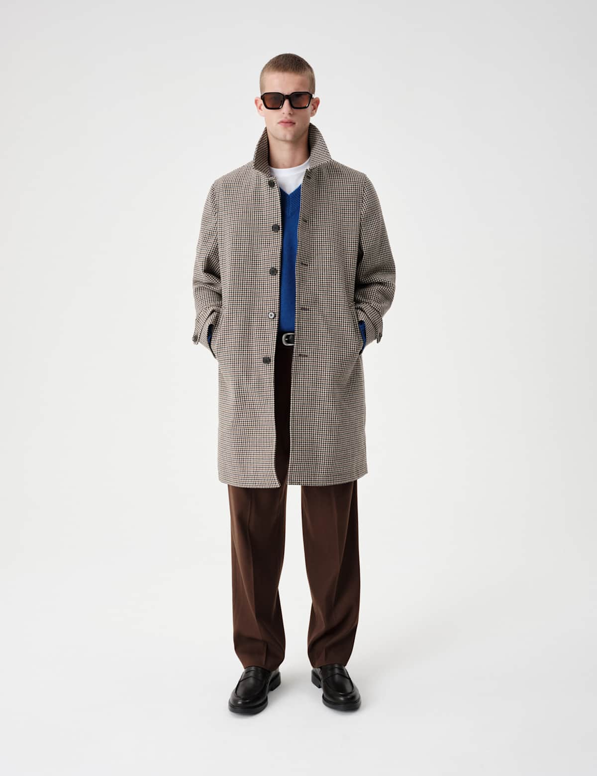 Women's Wool Blend Houndstooth Long Coat - Camel | womens coats | SAVINTARI