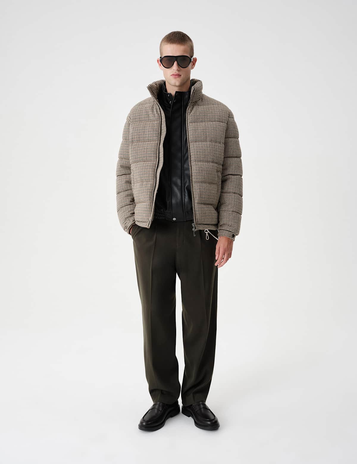 Women's Wool Blend Check Puffer Jacket With Detachable Hood - Camel | puffer jacket | SAVINTARI