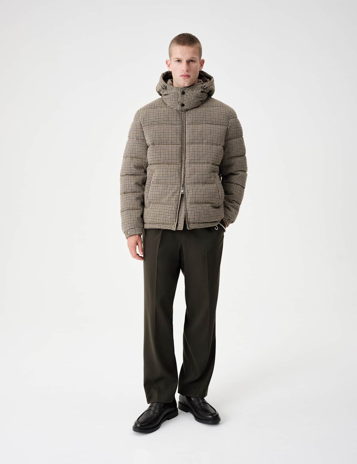 Women's Wool Blend Check Puffer Jacket With Detachable Hood - Camel | puffer jacket | SAVINTARI
