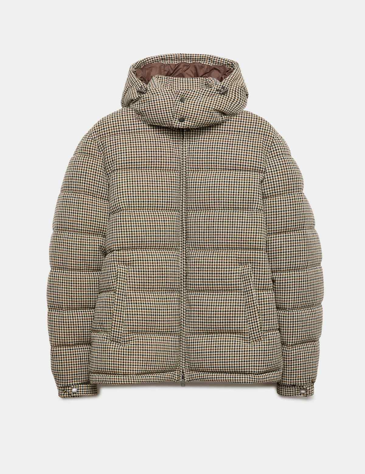 Women's Wool Blend Check Puffer Jacket With Detachable Hood - Camel | puffer jacket | SAVINTARI