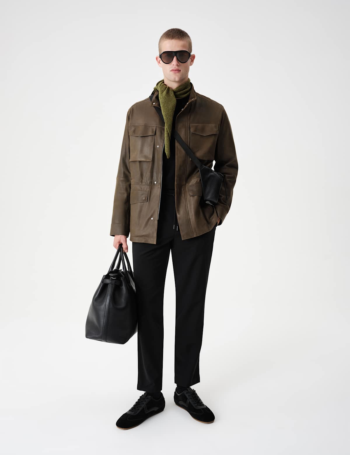 Women's Nubuck Leather Funnel Neck Utility Jacket - Black | leather jacket | SAVINTARI