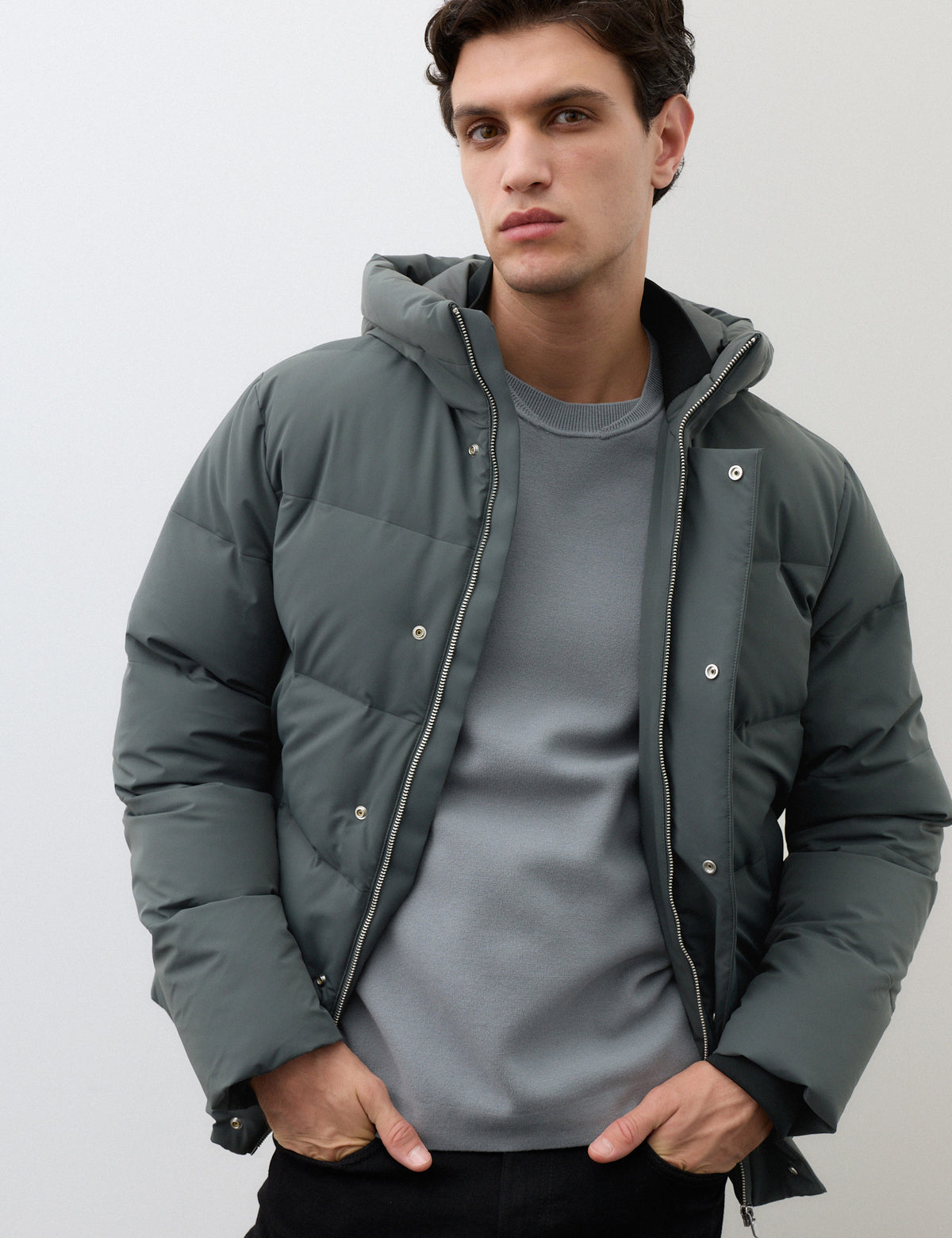 Men's Puffer Jacket in Charcoal view 2 | puffer jacket | SAVINTARI