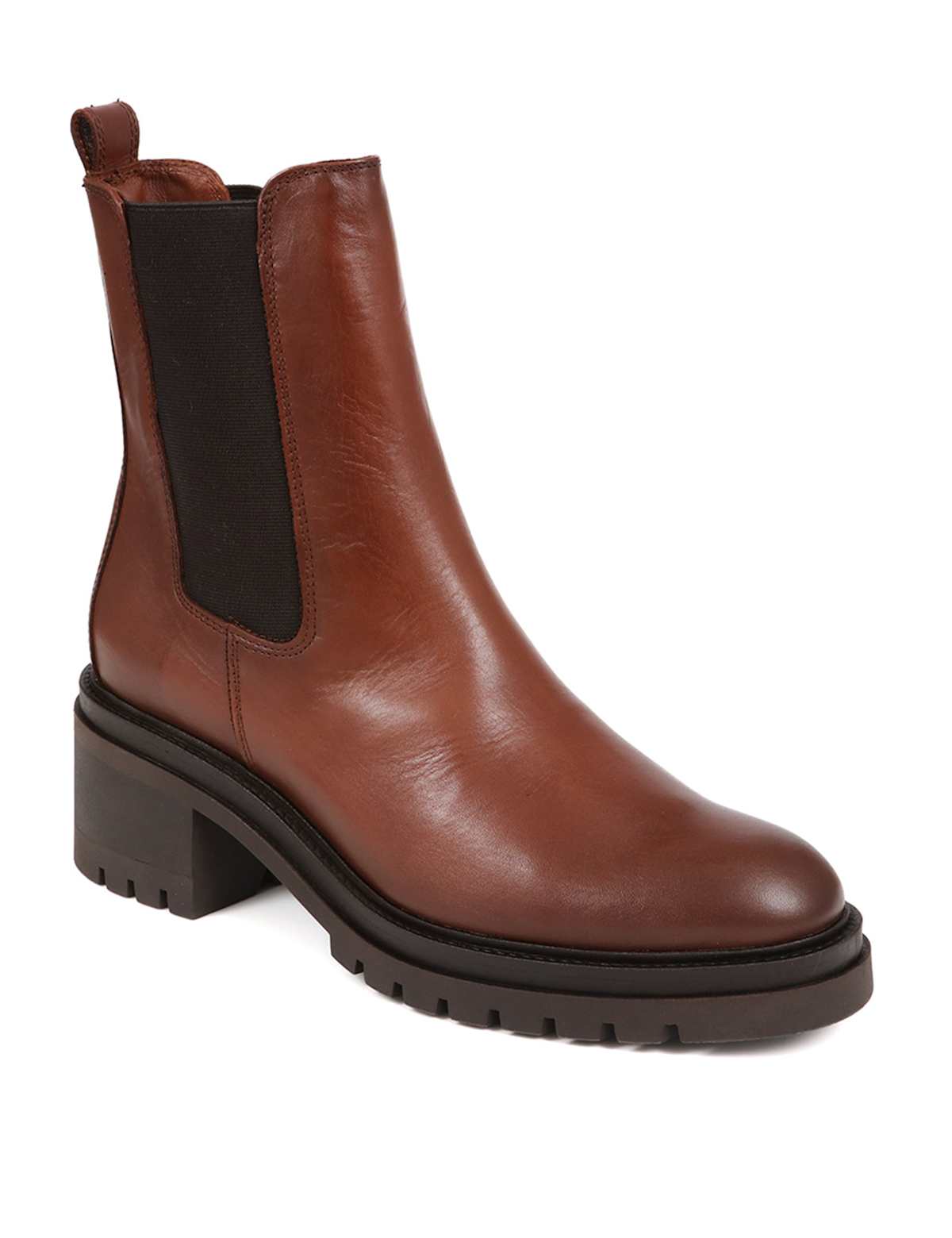 Women's Leather Chelsea Block Heel Ankle Boots - Brown | SAVINTARI