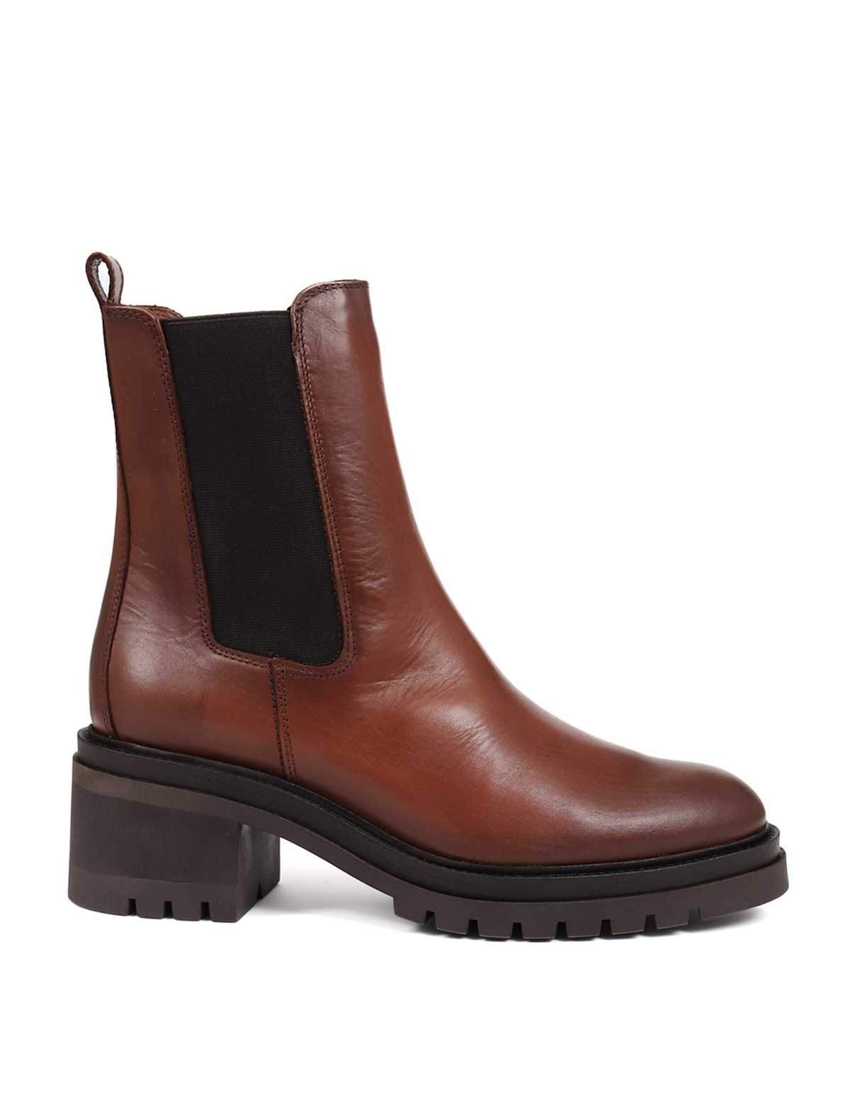 Women's Leather Chelsea Block Heel Ankle Boots - Brown | SAVINTARI