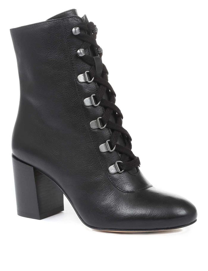 Leather Lace-Up Block Heel Ankle Boots · Black