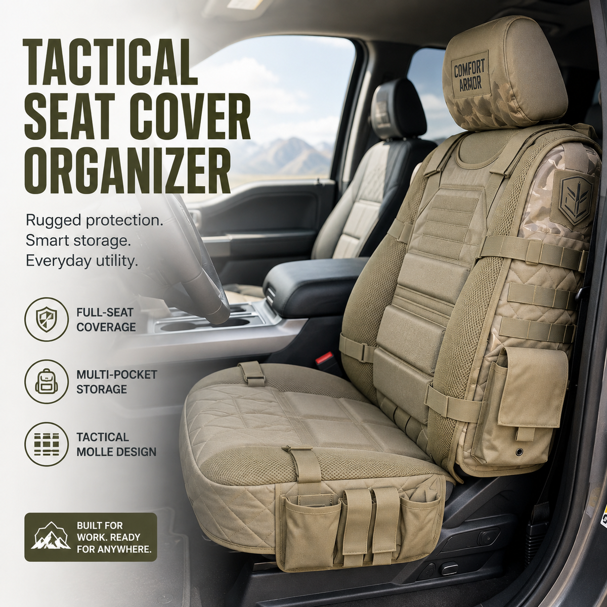 Desert Khaki tactical MOLLE truck seat cover