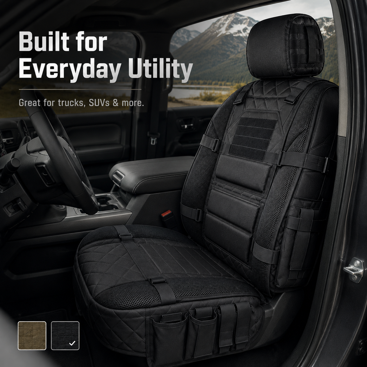 Black tactical MOLLE truck seat cover