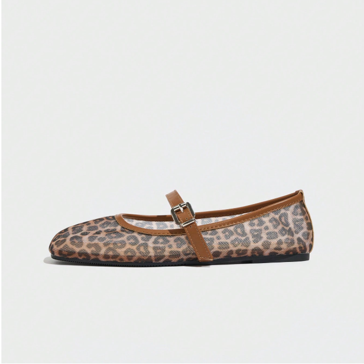 Women's brown leopard Mary Jane flat, side profile | SAVINTARI