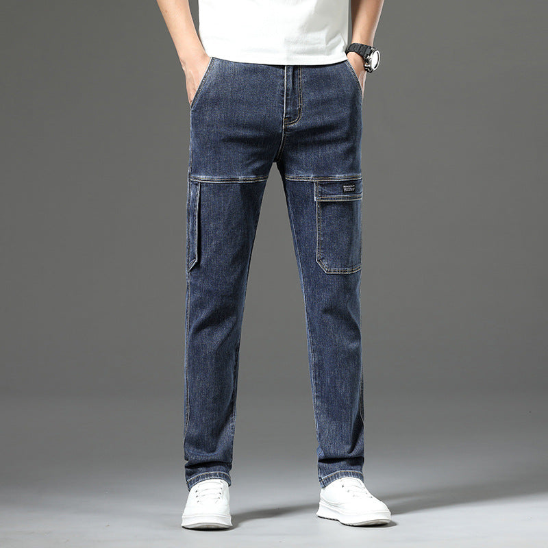 Men's Stretch Straight Leg Vintage Jeans with Multiple Pockets - Blue | SAVINTARI