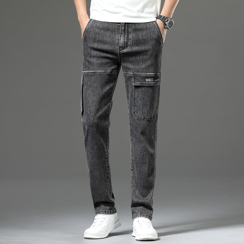 Men's Stretch Straight Leg Vintage Jeans with Multiple Pockets - Blue | SAVINTARI