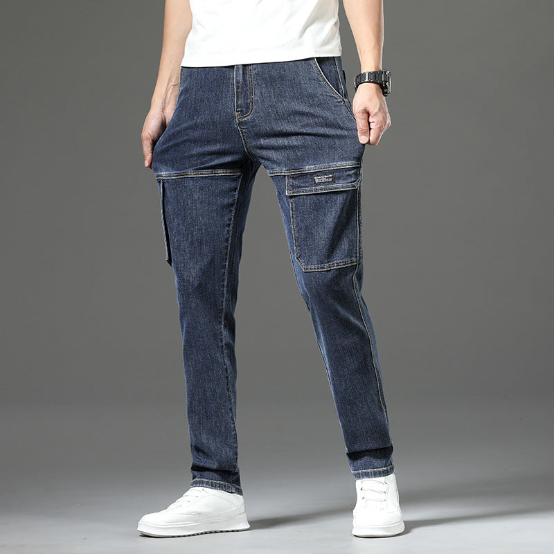 Men's Stretch Straight Leg Vintage Jeans with Multiple Pockets - Blue | SAVINTARI