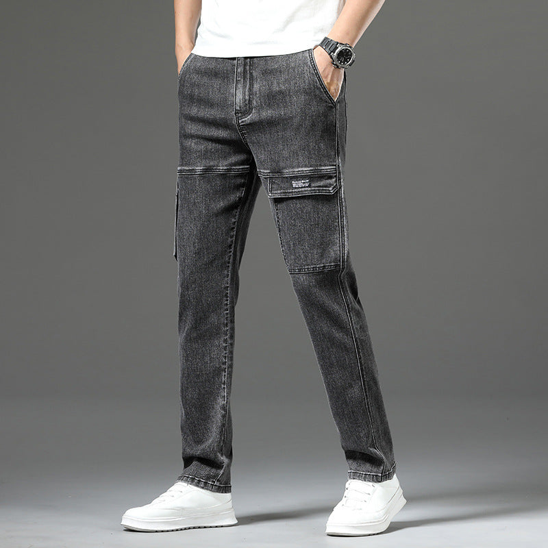 Men's Stretch Straight Leg Vintage Jeans with Multiple Pockets - Blue | SAVINTARI