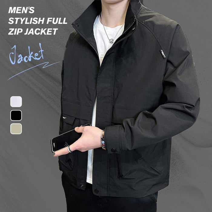 Men's Stylish Full Zip Jacket with Pockets - Black | Light Jacket Layer | SAVINTARI